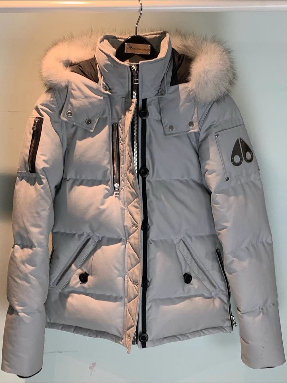 Moose Knuckles Light Gray Down Puffer with Fur-Trim Hood